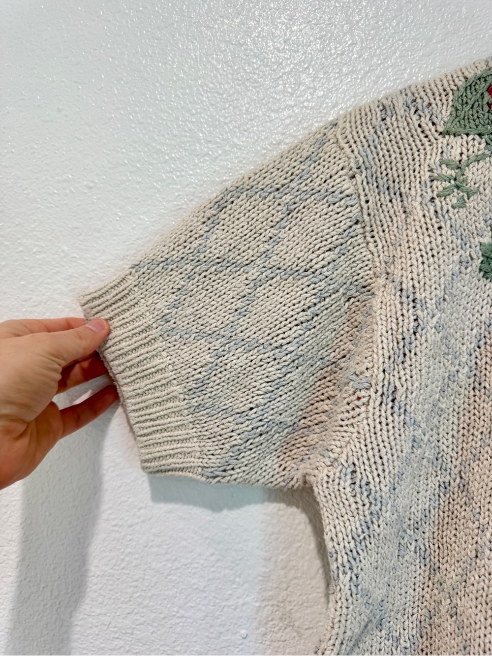 Vintage Orvis Silk Cotton Floral Embroidered Chunky Knit Short Sleeve Cardigan M - Picture 4 of 6